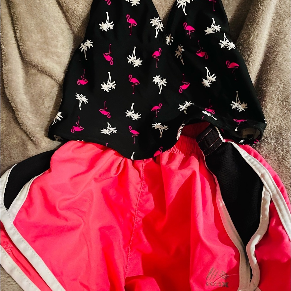 pink flamingo Girls short swim suits size 10/12